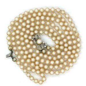 ANTIQUE faux PEARL RHINESTONE bow necklace 2 strand 24"